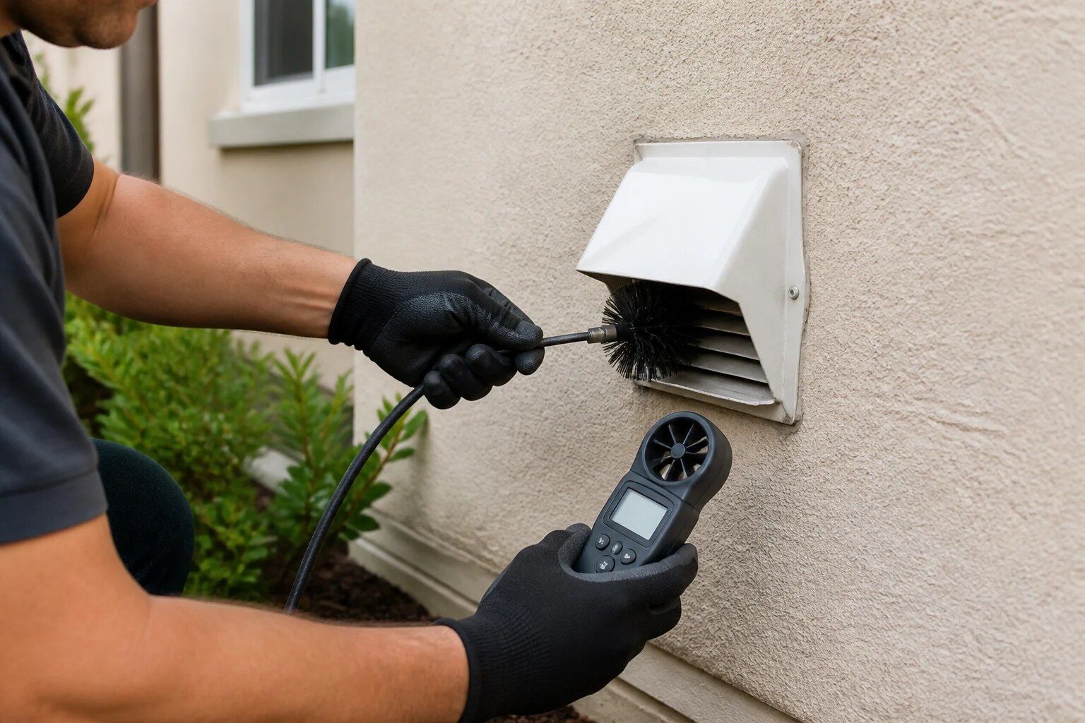 Illustrative image of an exterior dryer vent hood being brushed (stock image, not a Fresh Air job)