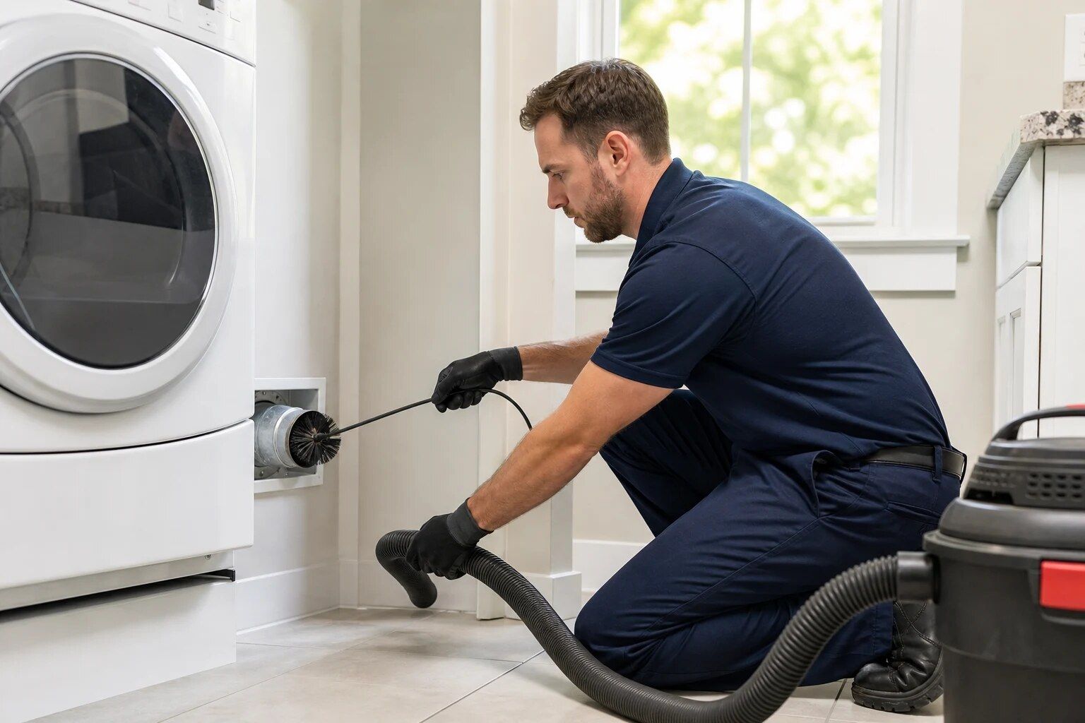 Illustrative image of a dryer vent duct being cleaned (stock image, not a Fresh Air job)