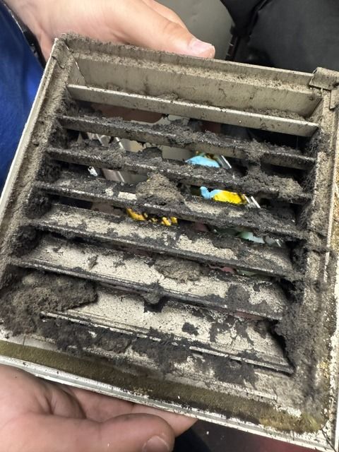 Register cover with heavy dust and debris packed between the louvers, held before cleaning