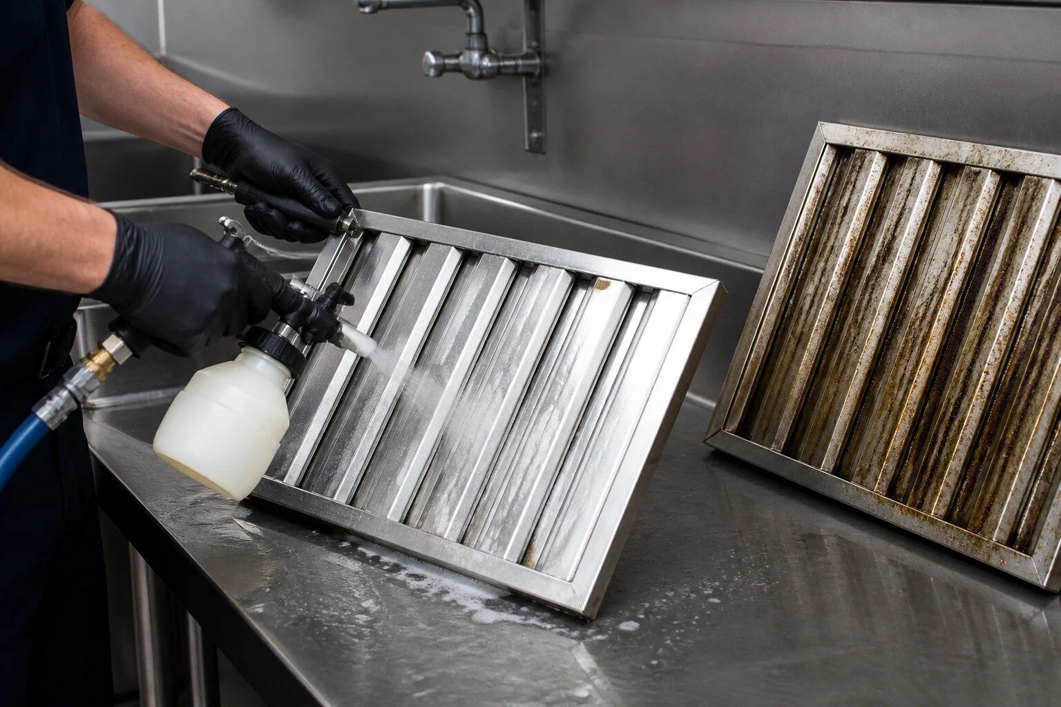 Illustrative image of baffle filters being washed (stock image, not a Fresh Air job)